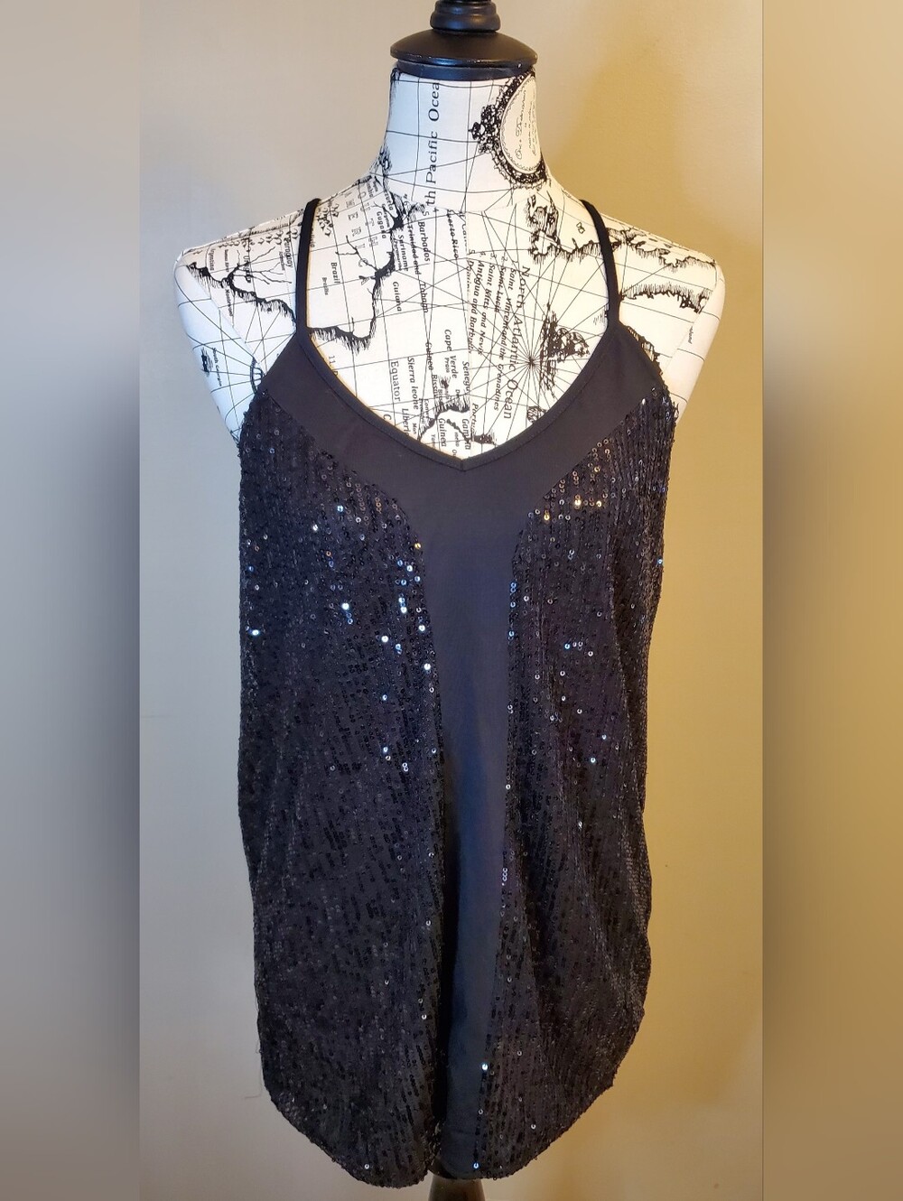Jess Lea Large Black Sequin Sleeveless Tank Top Blouse NWT Open Front Sparkle Pa